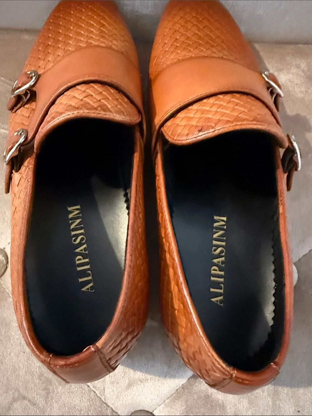 Men's Tan Woven Double Monk Strap Loafers